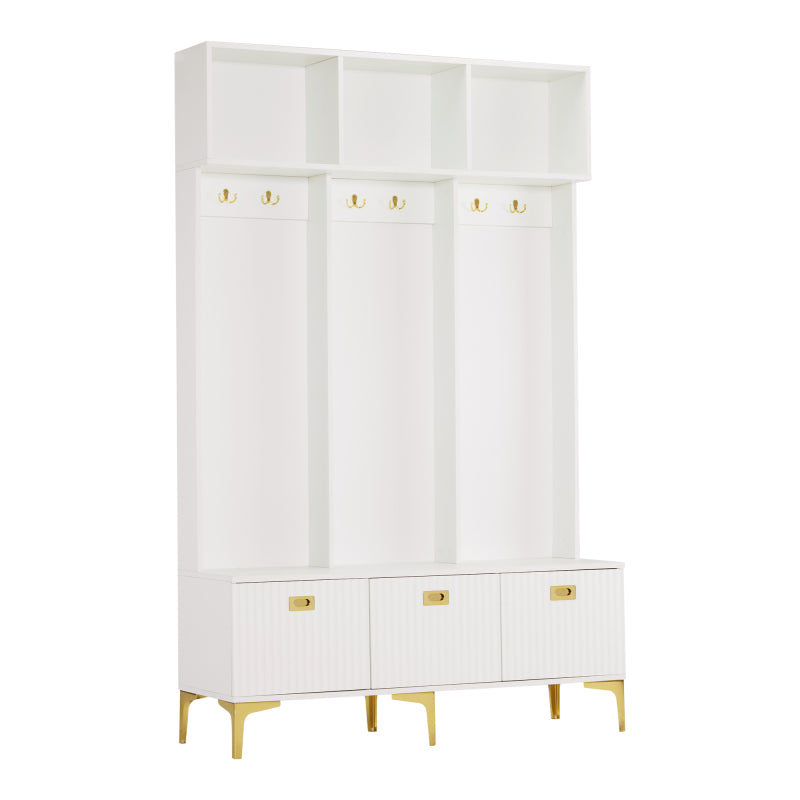 Garderobenset mit Bank, multifunktionale Aufbewahrungsbank, offene Aufbewahrung,6 goldene Haken und Füße, geeignet für Flur, Wohnzimmer, weiß, B120/D40/H191.5CM