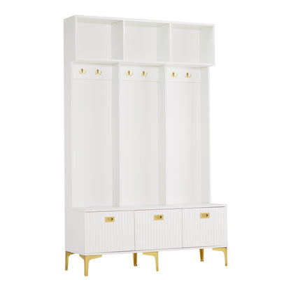 Garderobenset mit Bank, multifunktionale Aufbewahrungsbank, offene Aufbewahrung,6 goldene Haken und Füße, geeignet für Flur, Wohnzimmer, weiß, B120/D40/H191.5CM