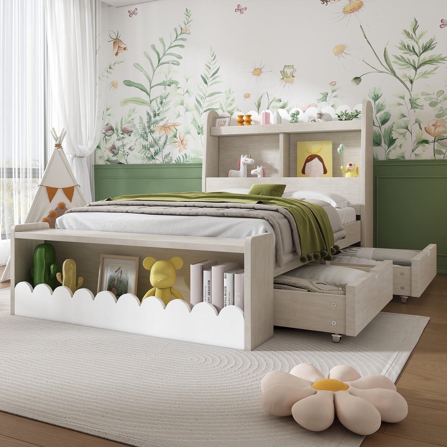 Kinderbett Einzelbett Stauraumbett mit Schubladen, Regal und Sitzbank mit Stauraum, Holzbett 90x200 cm, Weiß mit Eichefarben (Ohne Matratze)