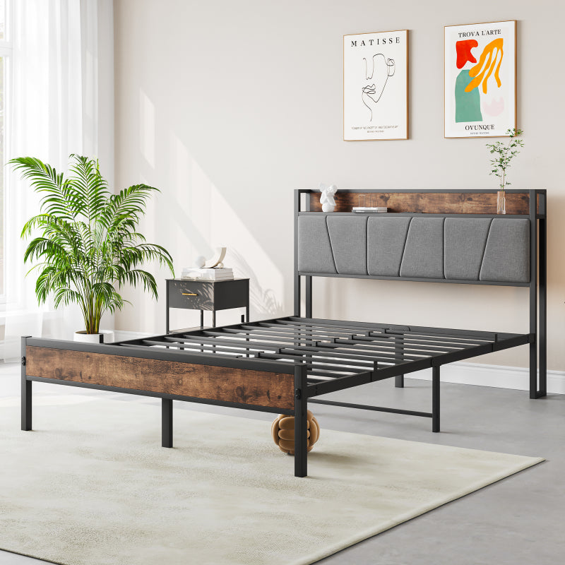 120x200cm Size Bed Frame with Smart LED Lights, Storage Headboard with USB Charging Station, Heavy Duty Metal Slats Support Platform, Noise Free, Easy Assembly, No Box Spring Needed