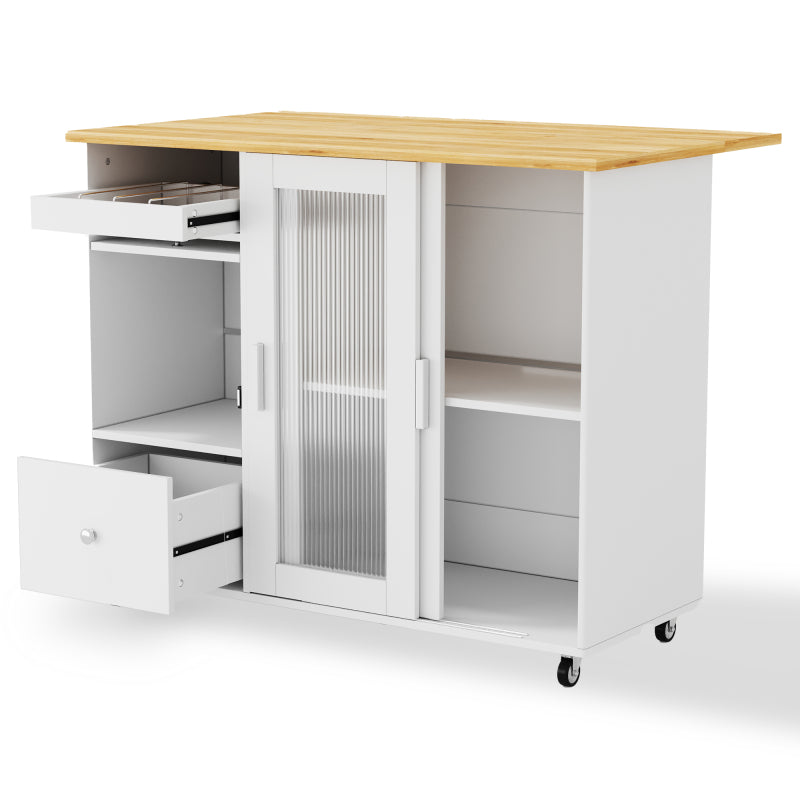 112×46(69)×91cm, klappbarer Kücheninselwagen, Eichenholzfurnier, Weinregal, Schubladen, großer Kücheninselwagen mit Schiebetüren aus gehärtetem Glas und verstellbaren Einlegeböden, mobiler Inselwagen