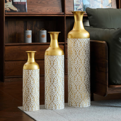 3er Set Bodenvase Gold mit Weißen Punkten, Metall, Vintage, 83/66/50 cm hoch