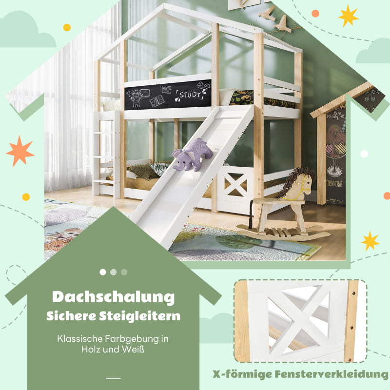 Kinderbett Baumhaus mit Rutsche & Leiter 90 x 200 cm, Hochbett für Kinder– 2x Lattenrost- Natur & Weiß