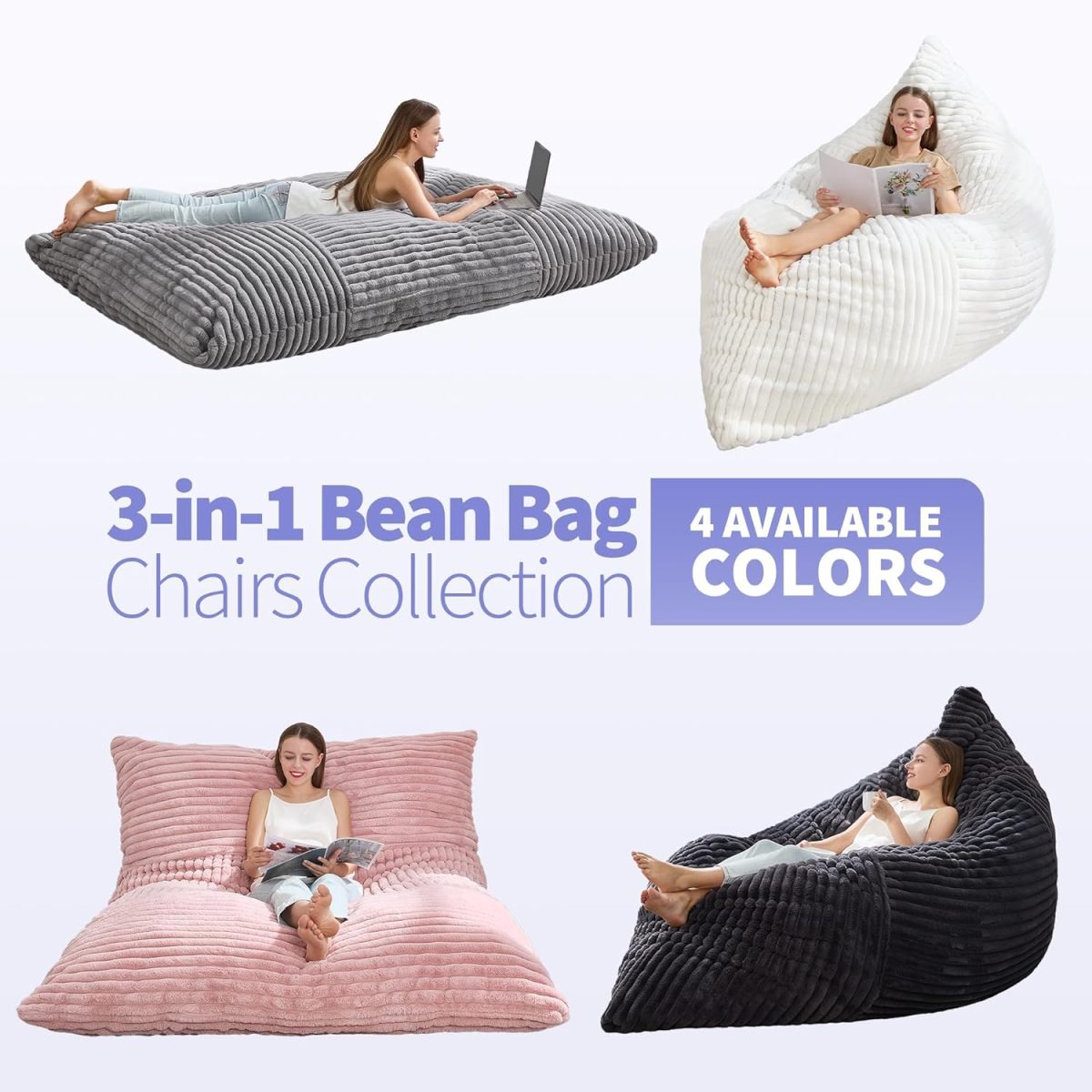Oversize Convertible Bean Bag Chair 194×140 cm, Loungesofa & Bodensofa aus Flanell, abnehmbarer Bezug, für Wohnzimmer & Schlafzimmer – Hellgrau