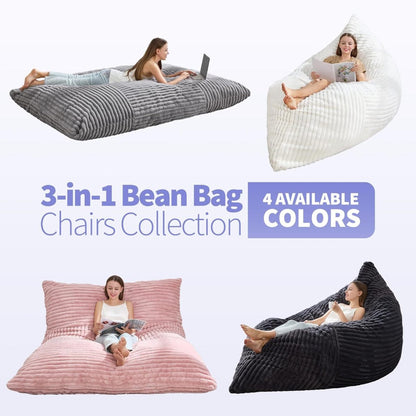 Oversize Convertible Bean Bag Chair 194×140 cm, Loungesofa & Bodensofa aus Flanell, abnehmbarer Bezug, für Wohnzimmer & Schlafzimmer – Hellgrau