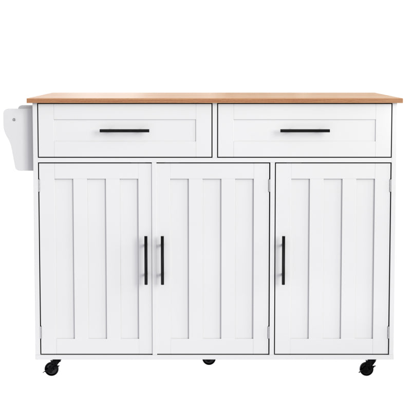 129x46(71)x91,5 cm großer Speisewagen/Sideboard, Arbeitsplatte mit Massivholzmaserung + Weiß Schrank/faltbare Arbeitsplatte/Aufbewahrungstür-Design/Räder/Massivholzfüße umschaltbar/für Zuhause geeig