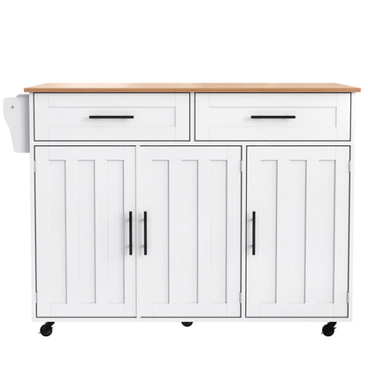 129x46(71)x91,5 cm großer Speisewagen/Sideboard, Arbeitsplatte mit Massivholzmaserung + Weiß Schrank/faltbare Arbeitsplatte/Aufbewahrungstür-Design/Räder/Massivholzfüße umschaltbar/für Zuhause geeig
