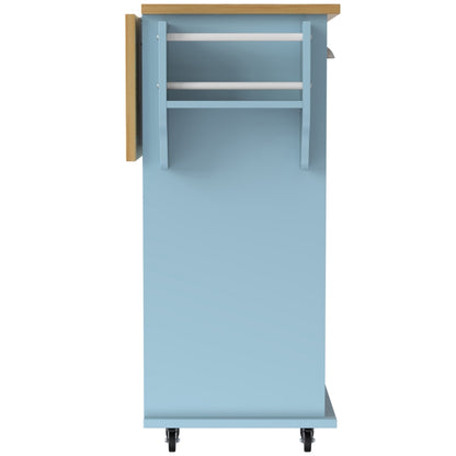 Esswagen/Anrichte, 112x40(70)x94 cm, Blau, Klappbare Massivholzoptik-Arbeitsplatte, mit Ablagetür, Rollen & Auswechselbaren Massivholzfüßen, für Küche & Esszimmer