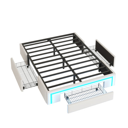 Bettgestell 140X200 mit Schubladen, PU-Leder Bett ohne Kopfteil Mit LED-Lichtleiste, MetalllattenPlattformbett für moderne Schlafzimmer Beige