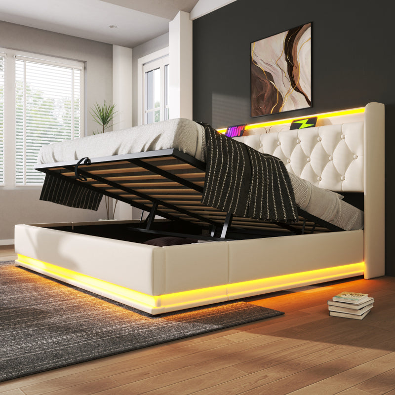 Polsterbett Doppelbett, 360-Surround-LED-Funktion, Drucktaste/App/Fernbedienung, 180*200 cm, weiß PU-Material Hydraulisches Lagerbett, gepolstertes Kopfteil mit USB Typ-C Ladefunktion (Ohne Matratze)