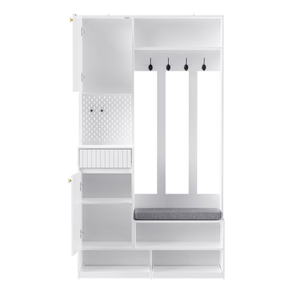 Garderoben-Set mit Sitzbank, Schubladen & Lochwand, Flurgarderobe 6-in-1, MDF, Weiß, 100x180x35 cm