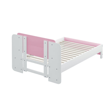 Holzbett 90*200 cm , Einzigartige und Minimalistische Form, Kopfteil mit Liniendesign, Kindereinzelbett, Rosa