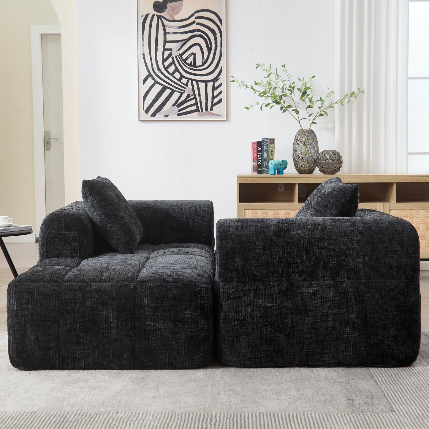 Modernes Sektionssofa, L-Sofa, 3-Sitzer-Sofa, keine Installation erforderlich, Chenille-Sofa mit Chaiselongue und Armlehnen, 3 Kissen, Seitentasche für Fernbedienung, Schwarz