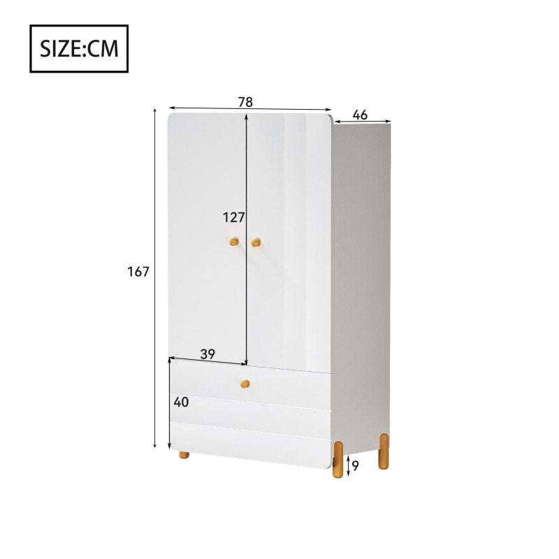 Geräumiger Kleiderschrank mit minimalistischen Linien und zarten holzfarbenen Füßen mit Staufächern, Schubladen und Kleiderbügeln, Farbblock-Design, Weiß