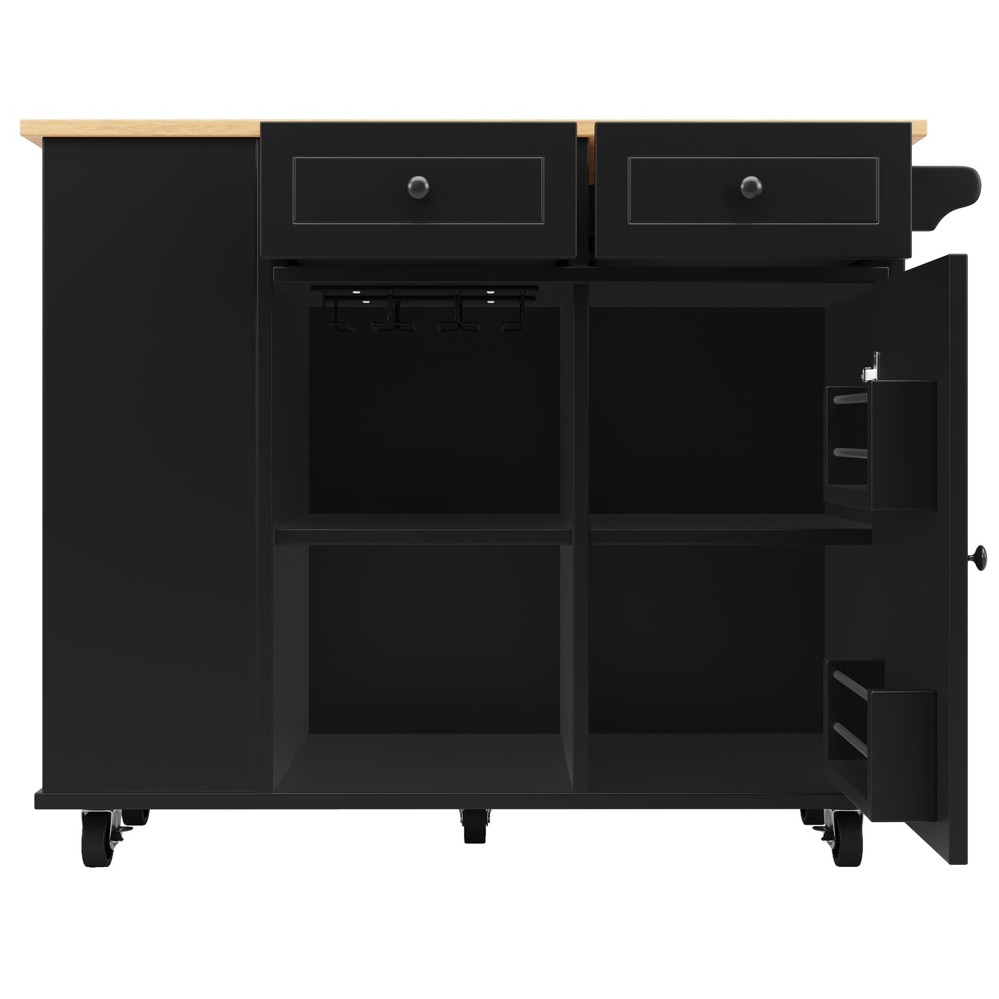 Kücheninsel mit Arbeitsplatte Küchenschrank Schwarz Esszimmerwagen mit Snackhalter und Weinglasregal Buffetschrank Trennwände Holzmaserung
