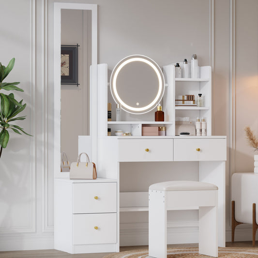 4-in-1 Schminktisch,Make-up Tisch,mit Ganzkörperspiegel und drehbarem Tischspiegel, Weiß