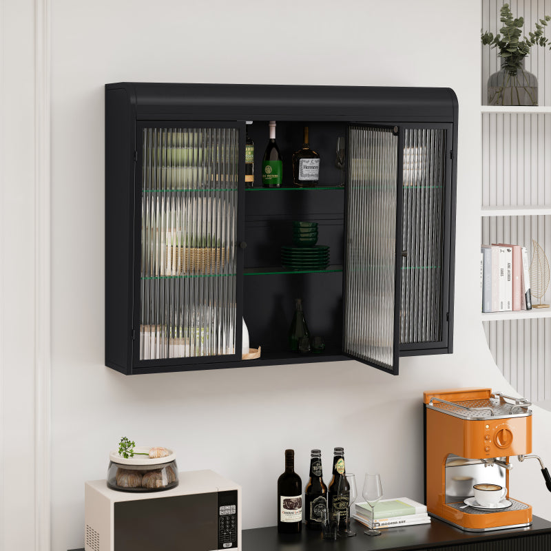 3 Door Arched Wall Mounted Glass Cabinets for Kitchen, Living Room and Bathroom(Black)