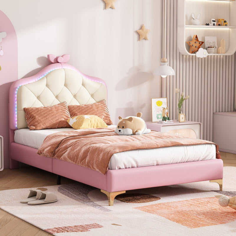 Polsterbett, Einzelbett, Wellenform mit Zugpunkt am Kopfende des Bettes, rosa Schleife, mit mehrfarbigen, wechselnden LED-Streifen, Kinderbett mit Holzlatten, Einzelbett, PU, rosa Bettrahmen, 90x200cm