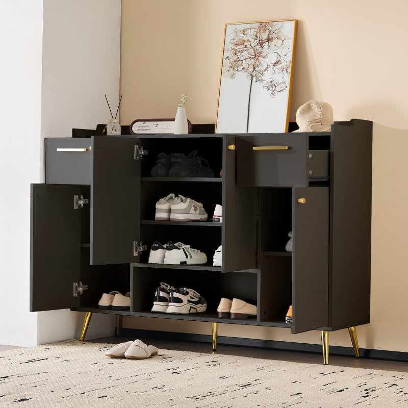 Schuhschrank, Schuhregal mit 2 Schubladen und 4 Türen, Metallfüße, schwarz