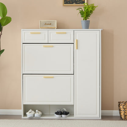 Moderne Schuhschrank, mit verstellbaren Regalen, goldenen Griffen, Schubladen, Klappschuhschrank und Türen,  weiß, B95/D24/H107.5