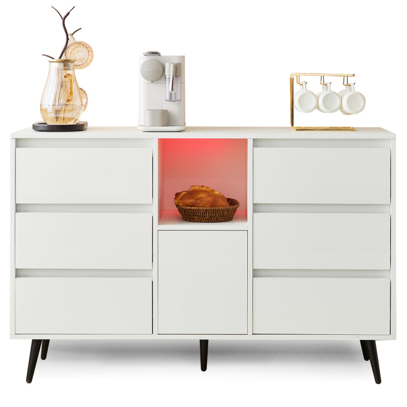 Modernes weißes Sideboard mit LED-Beleuchtung, 6 geräuschlosen Schubladen, Push-Open-Türen, Hochglanzlackierung, mattschwarzen Metallbeinen, 120x40x80 cm – ideal für Küchen, Ess- und Wohnbereiche