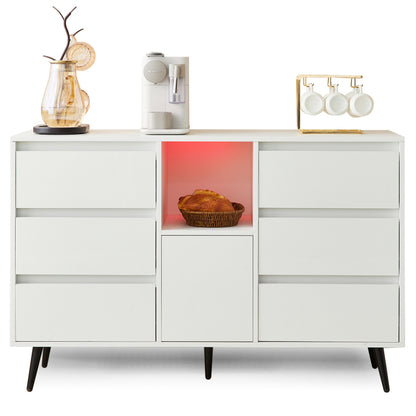 Modernes weißes Sideboard mit LED-Beleuchtung, 6 geräuschlosen Schubladen, Push-Open-Türen, Hochglanzlackierung, mattschwarzen Metallbeinen, 120x40x80 cm – ideal für Küchen, Ess- und Wohnbereiche