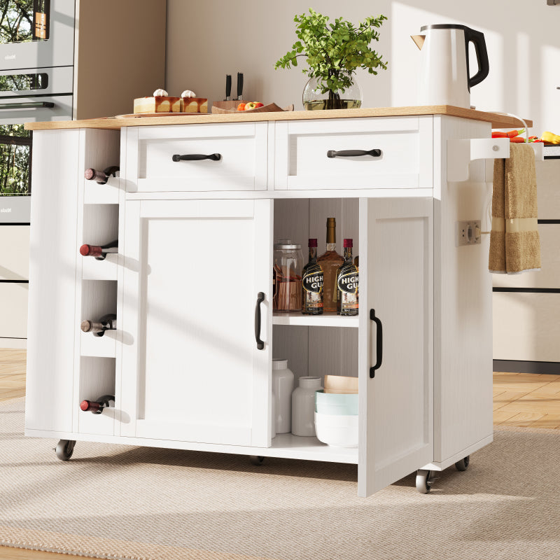 Kücheninsel, Küchenwagen mit Steckdosenleiste ausgestattet, Küchenschrank, Abnehmbare Servierwagen mit Weinregal,buffetschrank, Speisewagen mit Holzmaserung, buffetschrank, weiß