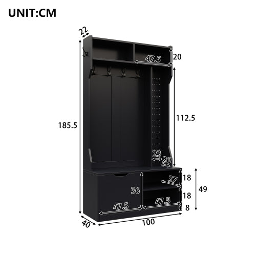 Garderobenset, Komplett-Set Flurgarderobe mit Sitzbank, 6 Haken, 1 Türen & 4 Offener Lagerraum, Schwarz