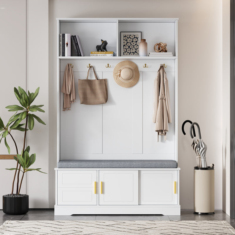 Garderobenständer mit  Schuhbank, Garderobe,  6 Dreifach-Haken,freistehend, platzsparend, für Eingangsbereich,Flur, Weiß