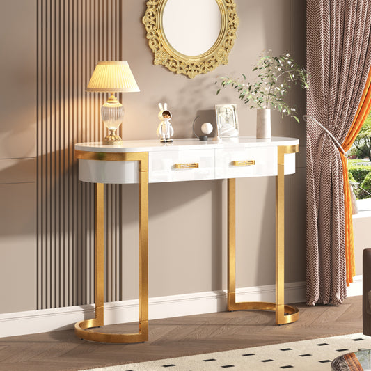 100 x 40 x 76 cm, Moderner und schlichter weißer Hochglanz-Sofa-Beistelltisch, Wohnzimmer-Konsolentisch,  Schreibtisch mit 2 Schubladen, geeignet für Wohnzimmer, Schlafzimmer, Büro, Flur