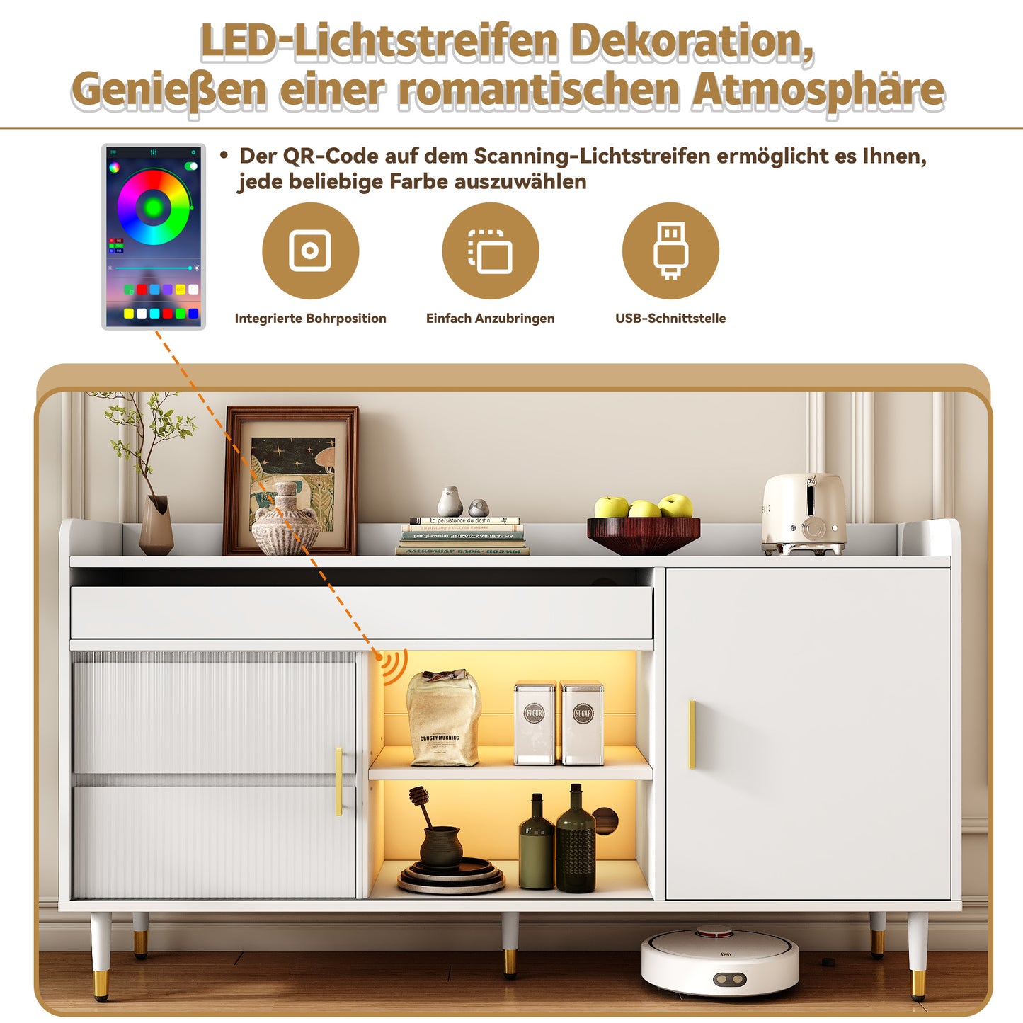 Sideboard mit Glasschiebetüren und LED-Beleuchtung – Freistehende Kommode aus Holz, Weiß