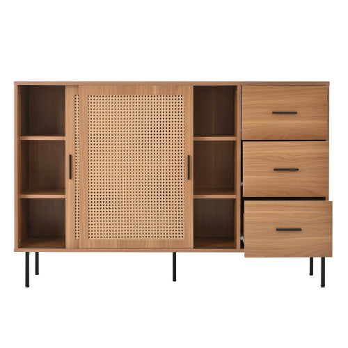 Sideboard 140 cm Natur, Kommode mit Rattan-Schiebetüren