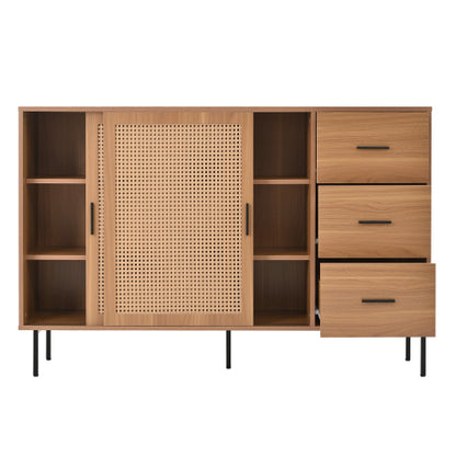 Sideboard 140 cm Natur, Kommode mit Rattan-Schiebetüren