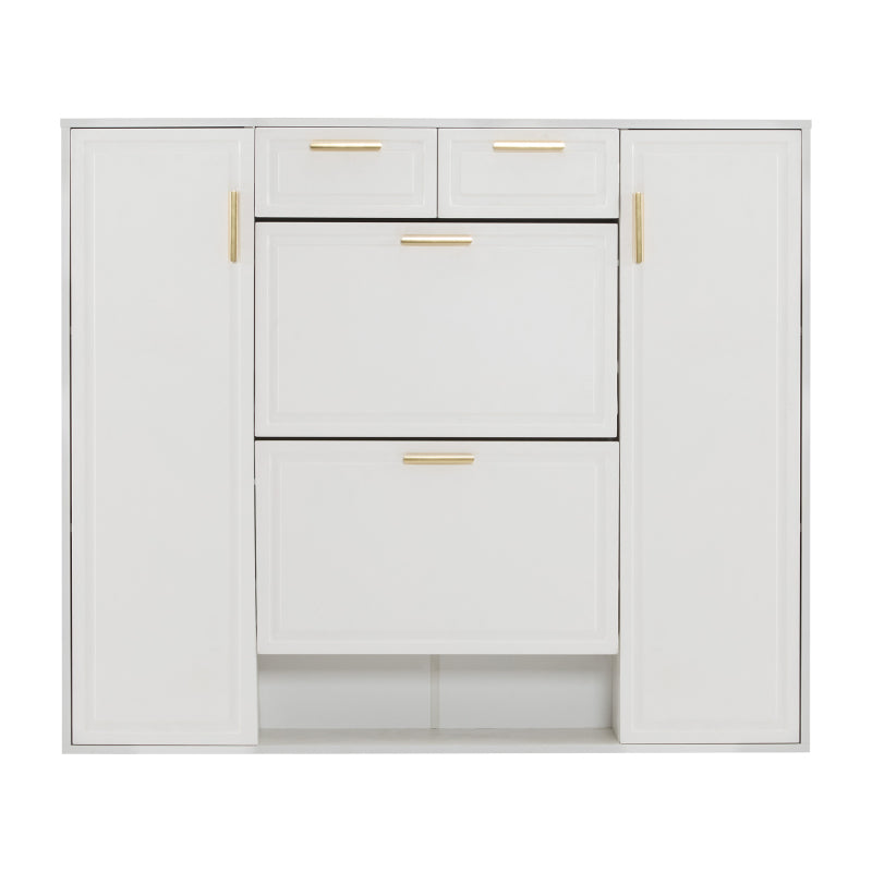 Moderne Schuhschrank, mit verstellbaren Regalen, goldenen Griffen, 2 Schubladen, Klappschuhschrank und 2 Türen, weiß