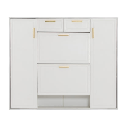 Moderne Schuhschrank, mit verstellbaren Regalen, goldenen Griffen, 2 Schubladen, Klappschuhschrank und 2 Türen, weiß