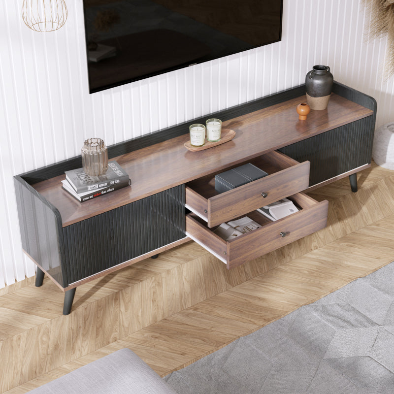 TV-Schrank mit zwei Schubladen, Fernsehtisch TV Board, TV- Lowboard niedrige Platte mit zwei Schiebetüren. Exquisite Textur. Schwarz und natürliches Holzfarbe. H58/L160/T40 cm