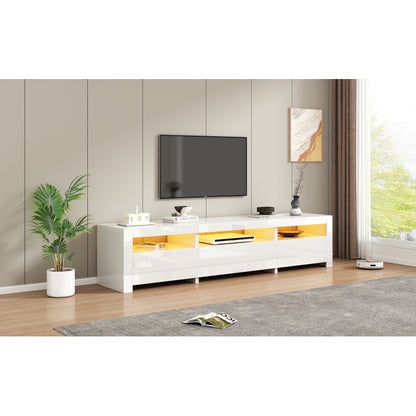 Weißer Hochglanz-TV-Schrank mit LED-Beleuchtung und Stauraum, weißes niedriges Paneel, bietet Platz für 80-Zoll-Fernseher, TV-Unterschrank mit herunterklappbarer Schranktür, 190 x 24 x 40 cm