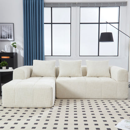 Modernes Sektionssofa, L-Sofa, 3-Sitzer-Sofa, keine Installation erforderlich, Chenille-Sofa mit Chaiselongue und Armlehnen, 3 Kissen, Seitentasche für Fernbedienung, Beige