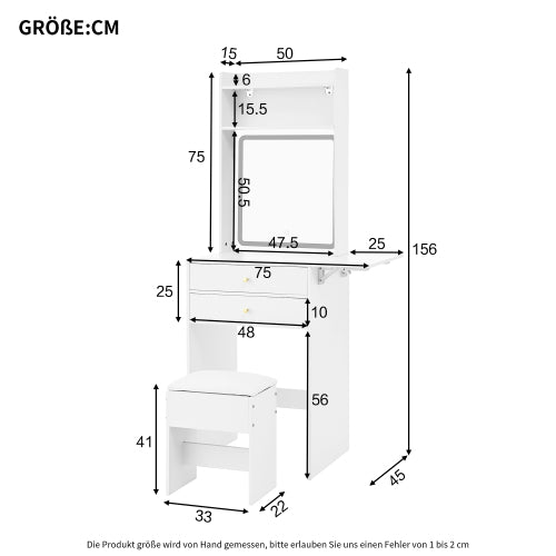 Schminktisch mit klappbarer Tischplatte, Frisiertisch Weiß 75cm, LED Spiegel (dimmbar, 3 Farben) & Stauraum