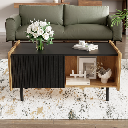 90 cm Schwarze und Holzfarbene Couchtisch – Moderner Stil, Zwei Offene Fächer und Zwei Türen, Dämpfende Scharniere