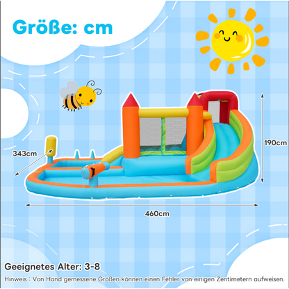 [Multifunktionale Outdoor-Hüpfburg] Mit Gebläse, Wasserrutsche + Trampolin + Basketballkorb + Wasserpistole, 2 Poolbereiche, 1 große und 1 kleine Rutsche, für trockene und nasse Nutzung, ein Wasserpar