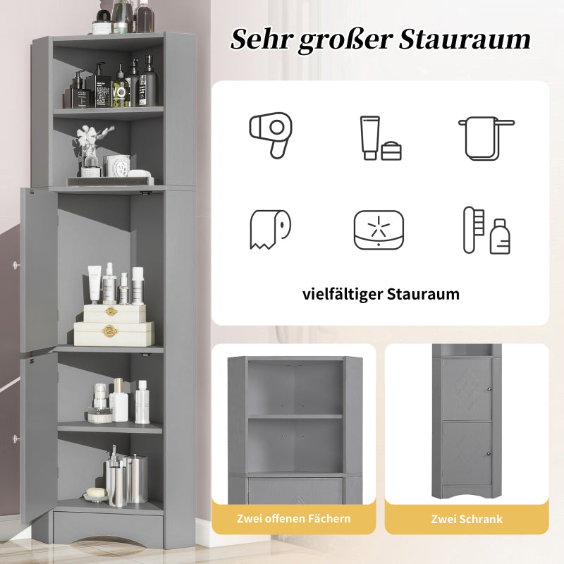 Badschrank, Badmöbel, Eckschrank mit zwei Ablagefächern, offenes Fach mit verstellbarem Einlegeboden, 36.5x 36.5 x 155 cm, hellgrau