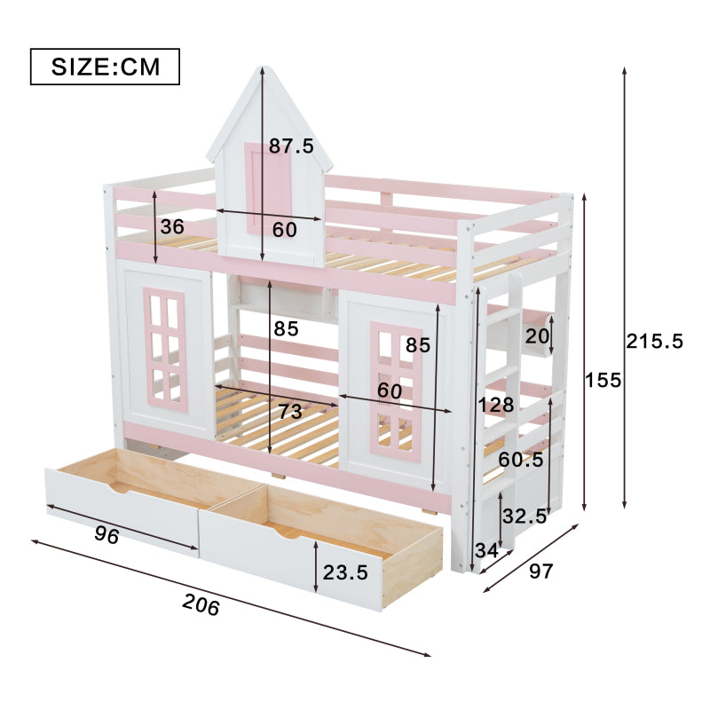 Etagenbett, Prinzessinnenbett, Kinderbett, Kinderbett mit Dach und Fenster, mit Fallschutzgitter, stabiles Geländer, Zwei Schubladen mit Rollen, Offenes Regal, Reichlich Stauraum, Kiefer+MDF,Weiß+Rose
