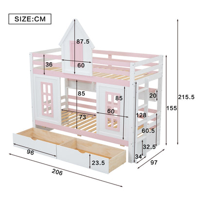 Etagenbett, Prinzessinnenbett, Kinderbett, Kinderbett mit Dach und Fenster, mit Fallschutzgitter, stabiles Geländer, Zwei Schubladen mit Rollen, Offenes Regal, Reichlich Stauraum, Kiefer+MDF,Weiß+Rose