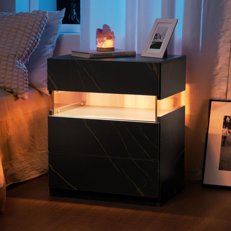 LED Nightstands 3 Drawer Dresser for Bedroom End Table with Acrylic Board LED Bedside Tables for Bedroom Living Room Bedside Furniture (White Stone)
