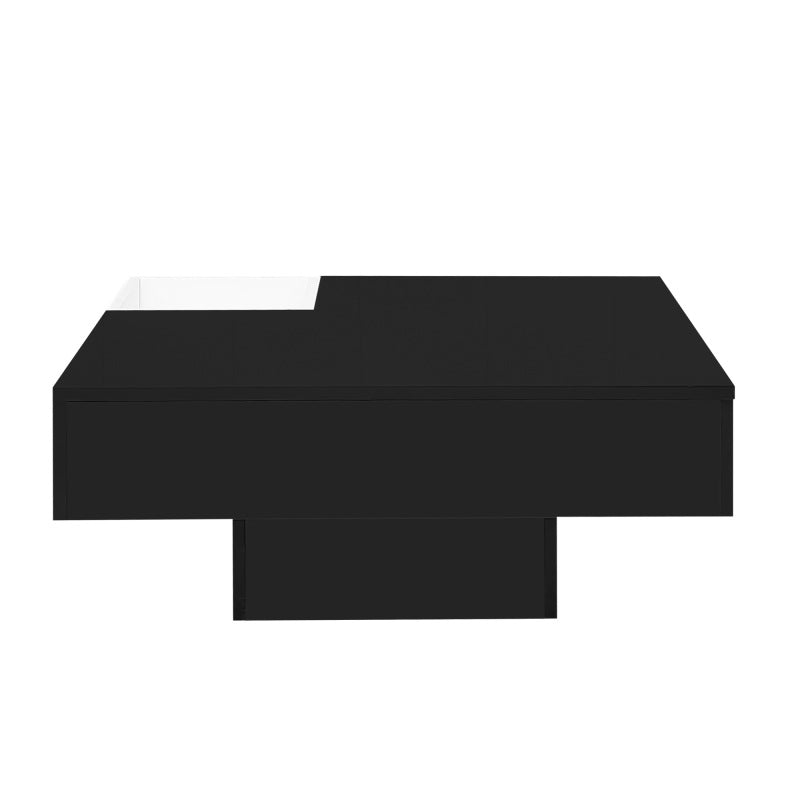 Couchtisch, Hochglanz-Wohnzimmertisch, Beistelltisch mit abnehmbarer Aufbewahrungsbox, Farbblockweiß und Schwarz, 72*72*30 cm, Mit LED-Lichteffekt.