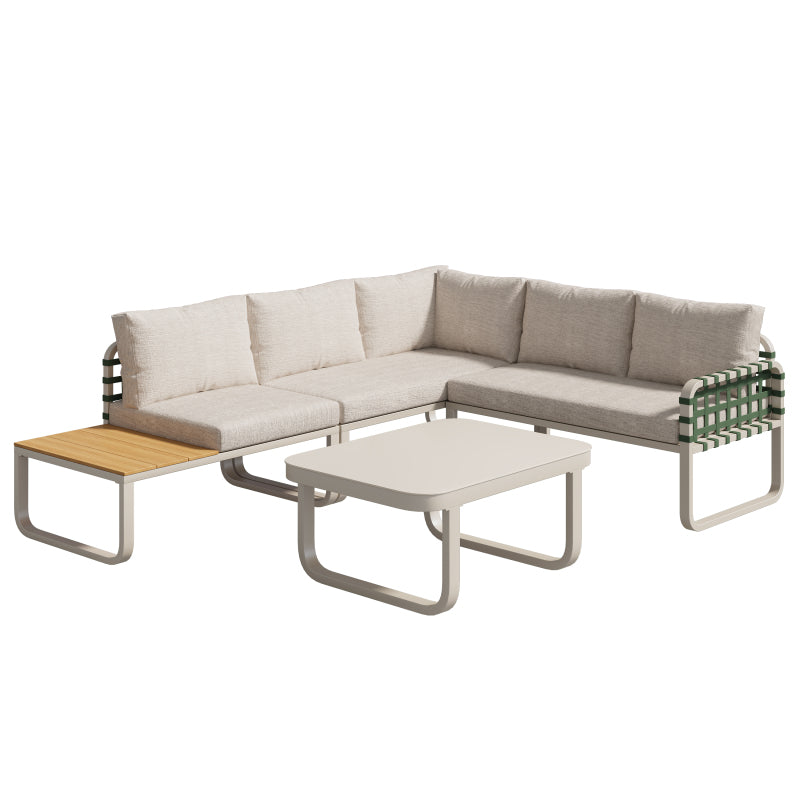 Garten Lounge Set (4-5 Sitzer), Grünes Leder Rattan Gartenmöbel Set, Modernes Outdoor Sofa Set inkl. aller Sitz- und Rückenkissen, Balkonset, Garten und Terrasse, Aprikose