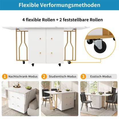 Tragbarer Esstisch, klappbare Tischplatte, marmorierte Tischplatte, geeignet für Esszimmer, Wohnzimmer, verstellbare Trennwände, große Ablagefächer, 6 Rollen (2 feststellbar), goldene Tischbeine