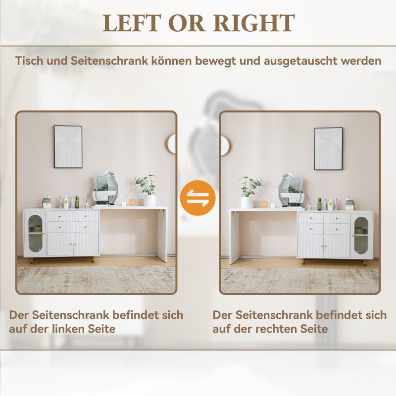 Schminktisch, Kosmetiktisch-Set mit Spiegel und Beleuchtung, ausziehbare Tischplatte, links-rechts wechselbar, 3-farbige LED-Beleuchtung, Maße: B100/H74.5/T40 cm (ohne Hocker)