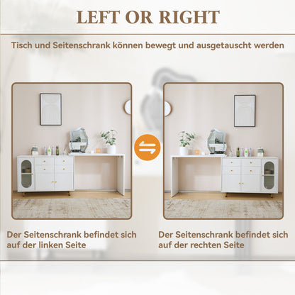 Schminktisch, Kosmetiktisch-Set mit Spiegel und Beleuchtung, ausziehbare Tischplatte, links-rechts wechselbar, 3-farbige LED-Beleuchtung, Maße: B100/H74.5/T40 cm (ohne Hocker)